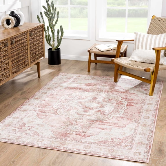 BoutiqueRugs Blush & Light Pink Collection Kandos Bohemian Oriental Medallion Area Rug - Traditional Floral Carpet for Living Room, Bedroom - Blush, Dusty Pink, Cream - 7'10" Square
