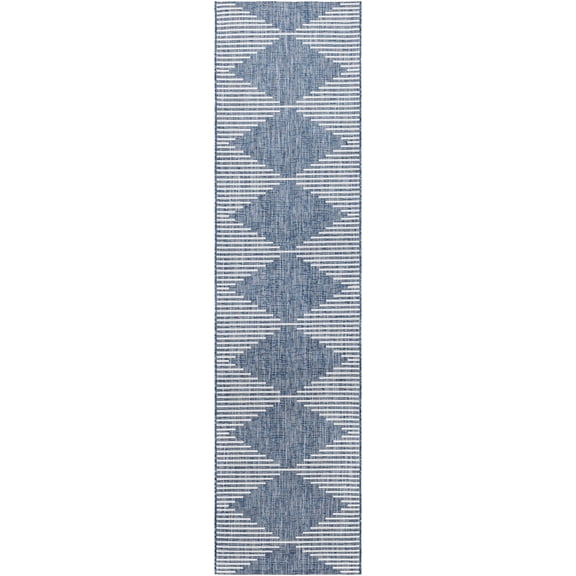 BoutiqueRugs Bourton Bohemian, Transitional Runner Rug - Outdoor Safe - Navy, Pale Blue, Off White - 2'7" x 12' Runner