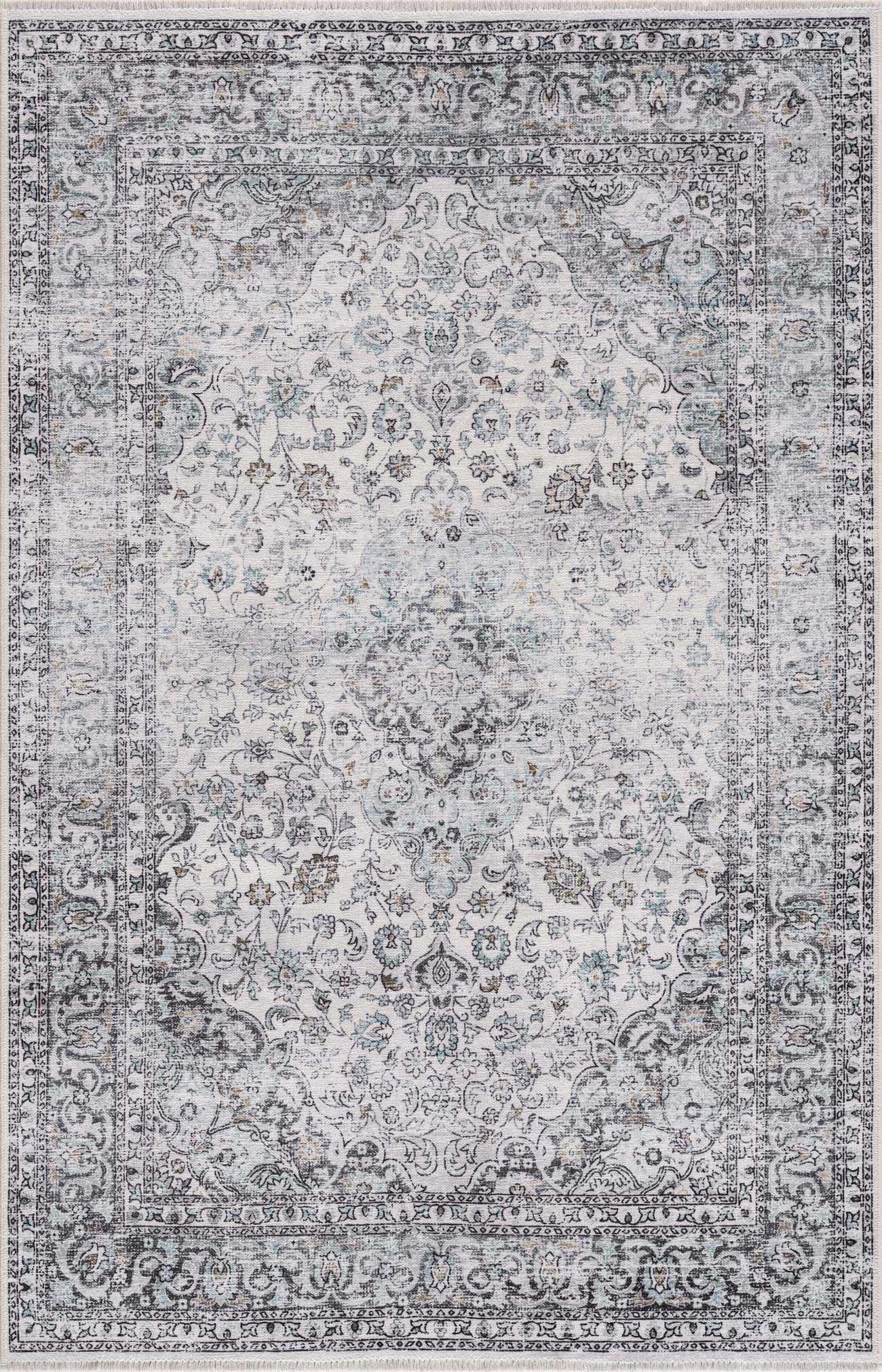 BoutiqueRugs Boyana Oriental Medallion Area Rug - Vintage Traditional Floral Carpet for Living Room - Machine Washable - Pale Blue, Aqua, Gray - 5' x 7'6" (5x7)