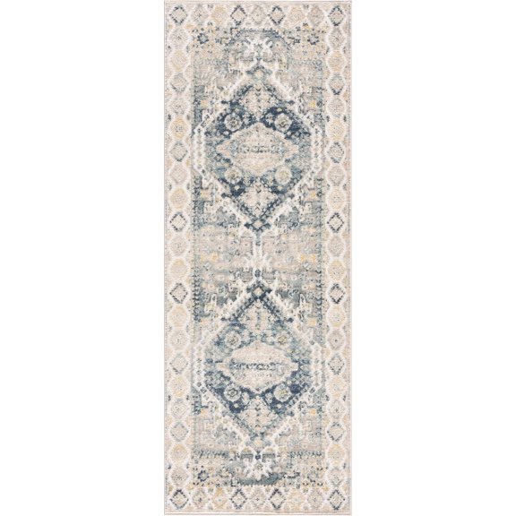 BoutiqueRugs Brend Farmhouse Runner Rug - Beige, Blue - 2'7" x 7'3" Runner