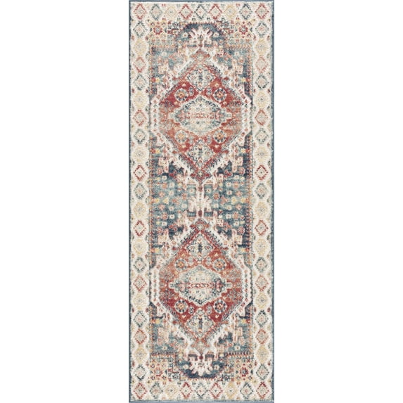 BoutiqueRugs Brend Farmhouse Runner Rug - Navy, Dark Pink - 2'7" x 7'3" Runner