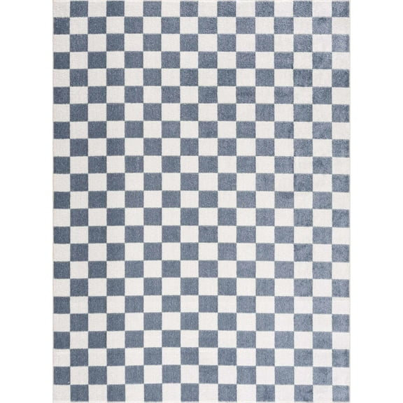 BoutiqueRugs Brone Blue Checkered Area Rug - Machine Washable - Blue, Off White - 2' x 2'11"