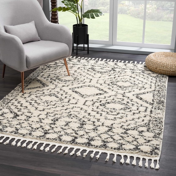 BoutiqueRugs Buan Boho Moroccan Geometric Shag Runner Rug - High Pile Super Soft Carpet with Tassels for Hallway - Light Gray, Charcoal, Gray - 2'7" x 7'3" (2x8)