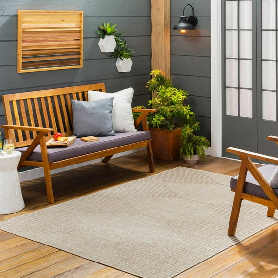 BoutiqueRugs Bugas Bohemian, Transitional Area Rug - Outdoor Safe - Cream, Peach, Dark Red - 6'7" Square