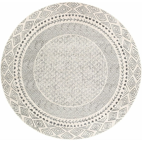BoutiqueRugs Burdette Farmhouse Black and White Soft Neutral Area Rug - Boho Oriental Medallion Carpet for Bedroom, Living Room, Dining Room - Charcoal, Black, Cream - 6'7" Round