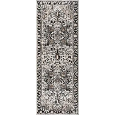 BoutiqueRugs Cabacungan Traditional Medallion Runner Rug - Oriental Floral Performance Carpet for Hallway, Kitchen - Machine Washable - Black, Taupe, Peach - 2'7" x 7'3" (2x8)