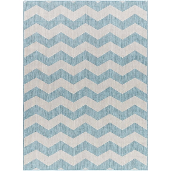 Boutique Rugs Cheri Blue Chevron Area Rug - Outdoor Safe - Thatch Light Blue, Steel, Dark Gray - 7'10" x 10'