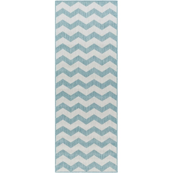 BoutiqueRugs Cheri Blue Chevron Runner Rug - Outdoor Safe - Thatch Light Blue, Steel, Dark Gray - 2'7" x 7'3" Runner