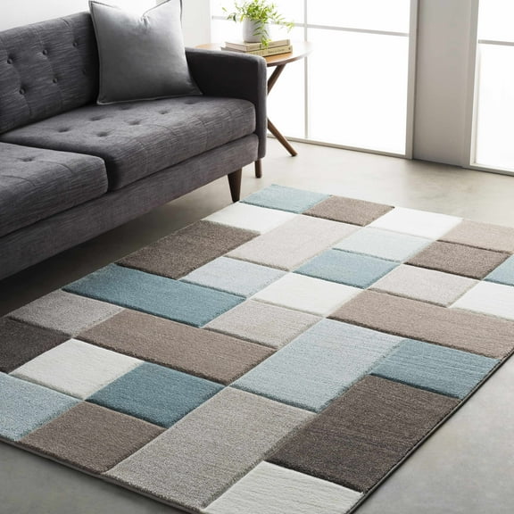 BoutiqueRugs Clinton Modern Geometric Area Rug - Aqua, Dark Brown, Taupe - 18" x 18" Sample
