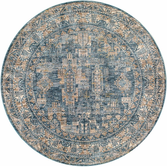 Boutique Rugs Cooranbong Vintage Faded Look Traditional Area Rug - Oriental Medallion Carpet for Living Room, Bedroom - Farmhouse - Distressed - Navy, Denim, Cream - 5'3" Round