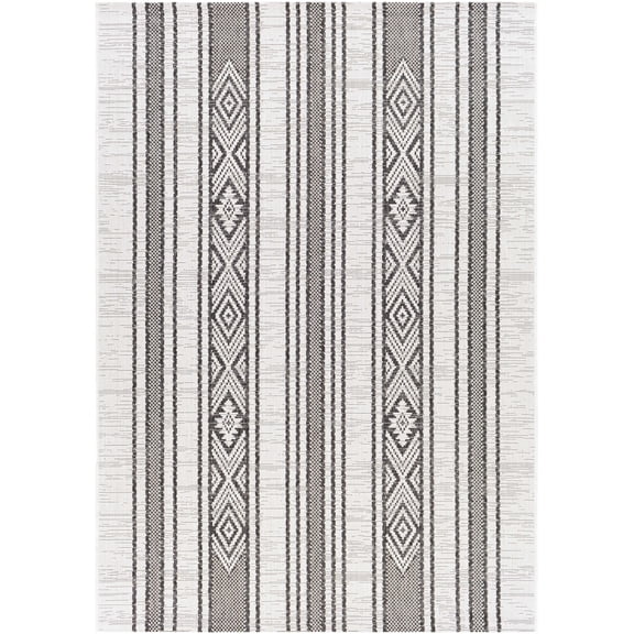 BoutiqueRugs Cowen Bohemian, Transitional Area Rug - Outdoor Safe - Black, Off White, Charcoal - 4'3" x 5'11"