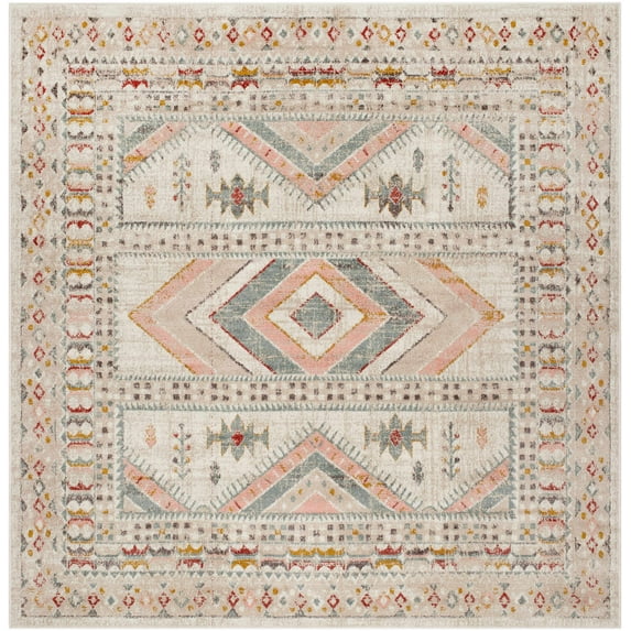 BoutiqueRugs Diem Traditional Area Rug - Dusty Pink, Sky Blue, Off White - 6'7" Square