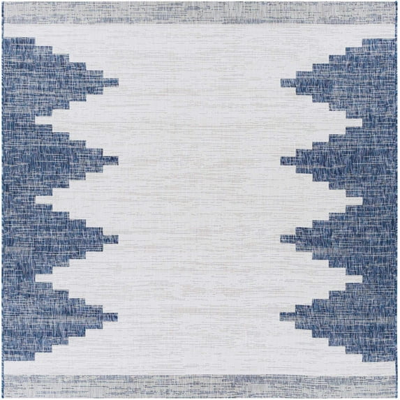 BoutiqueRugs Djugun Moroccan Geometric Area Rug - Outdoor Safe - Performance and High Traffic Carpet for Porch, Patio, Living Room Navy, Off White, Pale Blue - 6'7" Square