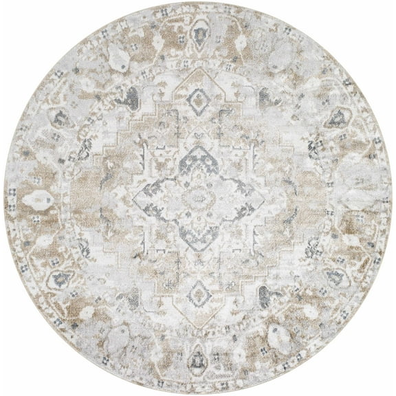 BoutiqueRugs Dobry Farmhouse Area Rug - Off White, Blue, Tan - 6'7" Round