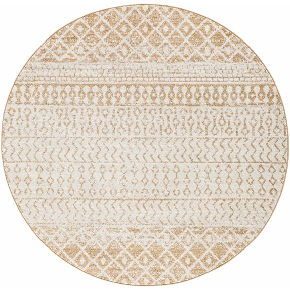 BoutiqueRugs Dong Farmhouse Moroccan Geometric Area Rug - Boho Aztec Tribal Carpet for Living Room - Beige, Cream, Light Brown - 5'11" Round