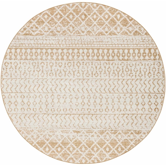 BoutiqueRugs Dong Farmhouse Moroccan Geometric Area Rug - Boho Aztec Tribal Carpet for Living Room - Beige, Cream, Light Brown - 5'11" Round