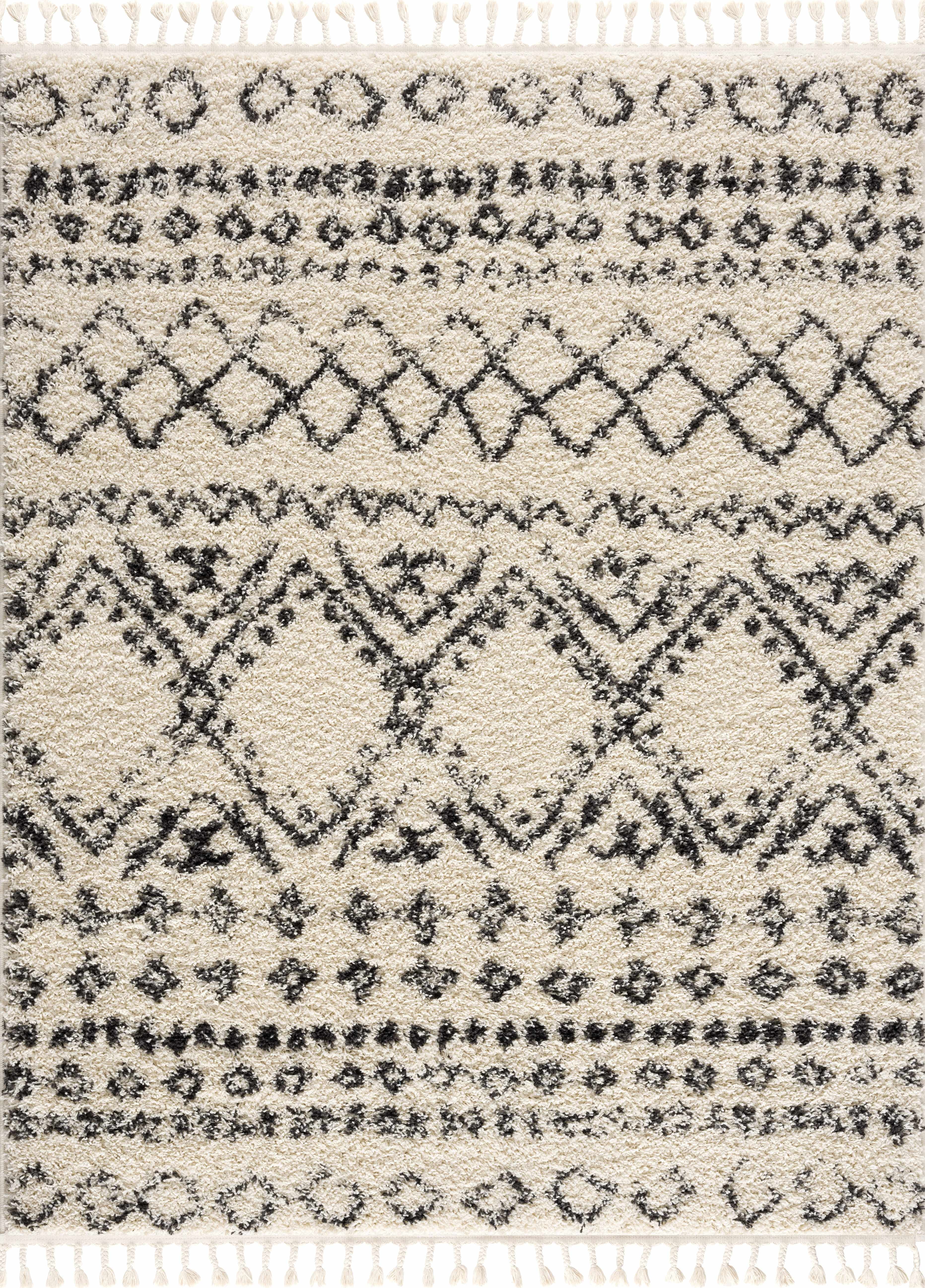 BoutiqueRugs Duncans Boho Moroccan Geometric Shag with Tassels for Living Room, Bedroom - Beige, Charcoal, Gray - 5'3" x 7'3" (5x7)