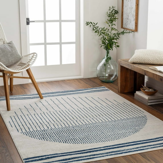 BoutiqueRugs Duri Modern Abstract Geometric Oversized Area Rug - Minimalist Contemporary Blue and White Striped Carpet for Living Room, Bedroom - Cream, White, Blue, Navy - 7'10" Square