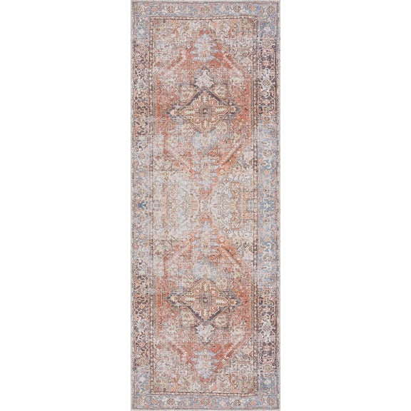Boutique Rugs Eira Farmhouse Runner Rug - Machine Washable - Light Blue, Charcoal, Orange - 2'7" x 10' Runner