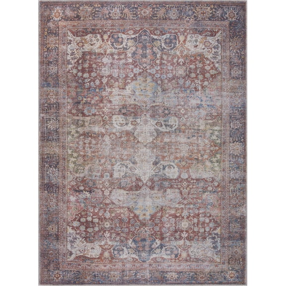 BoutiqueRugs Elki Farmhouse Area Rug - Machine Washable - Dark Blue, Light Blue, Rust - 6'7" x 9'