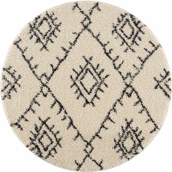 Boutique Rugs Emlenton Boho Moroccan Geometric Shag with Tassels for Living Room, Bedroom - Charcoal, Cream - 7'10" Round