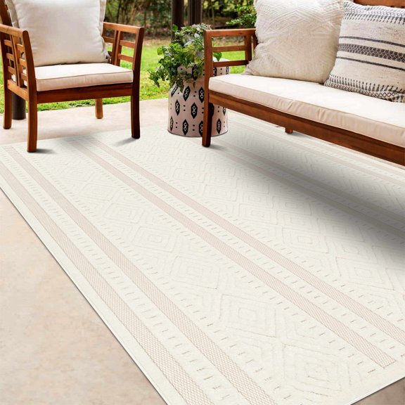 BoutiqueRugs Enan Contemporary Area Rug - Outdoor Safe - Off White, White - 6'7" x 9'