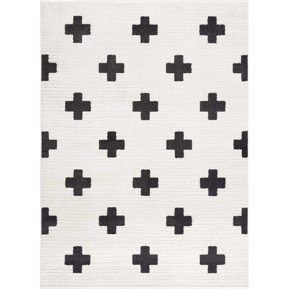BoutiqueRugs Erath Swiss Cross Shag Area Rug - Black, Off White, Charcoal - 6'7" x 9'6"