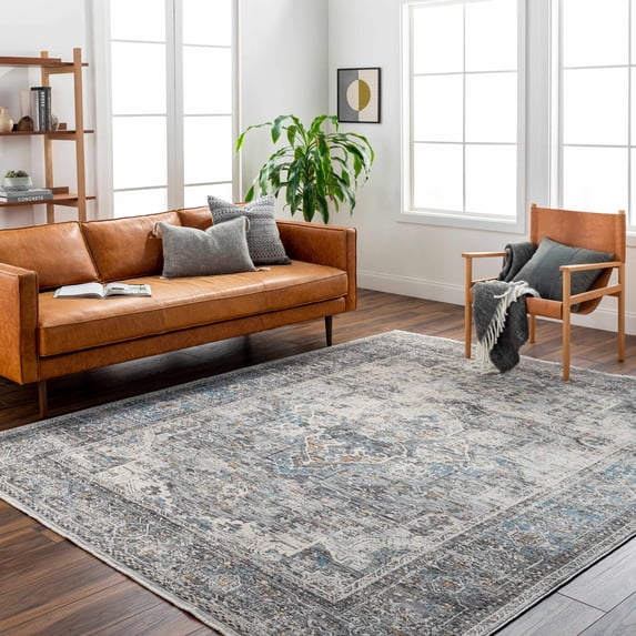 BoutiqueRugs Erela Traditional Area Rug - Charcoal, Peach, Slate Blue - 6'7" Round