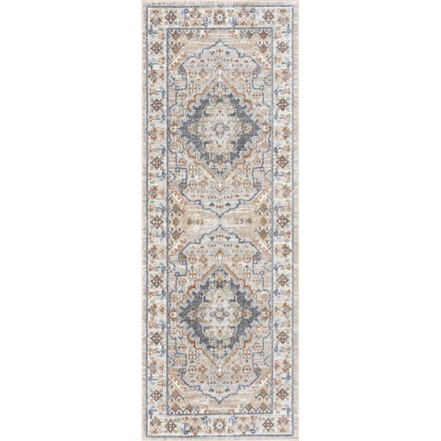BoutiqueRugs Erez Farmhouse Runner Rug - Machine Washable - Dark Blue, Light Blue, Tan - 2'7" x 7'3" Runner
