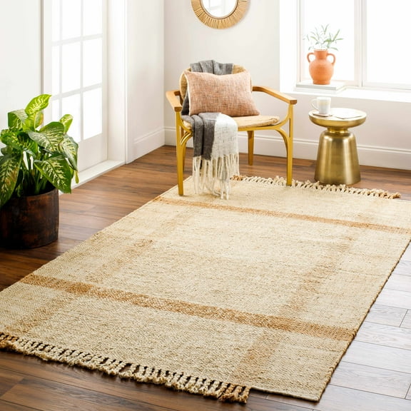 BoutiqueRugs Errin Jute Plaid Area with Tassel Area Rug - Beige, Camel, Mustard - 18" x 18" Sample