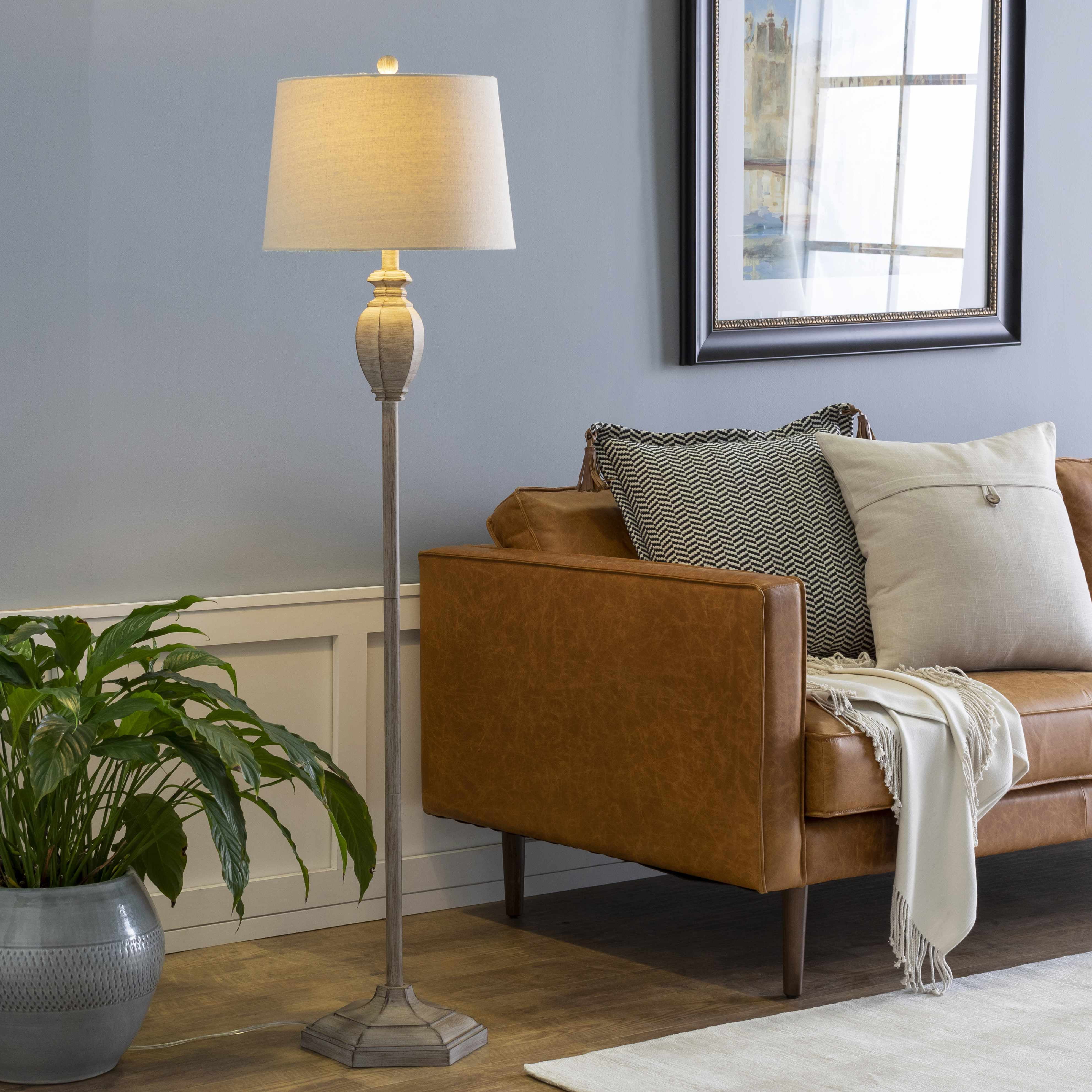 Boutique Rugs Esmeralda Floor Lamp for Living Room - Boho Resin Standing Lighting - Shade Linen - Cream, White, Beige - 59'' H