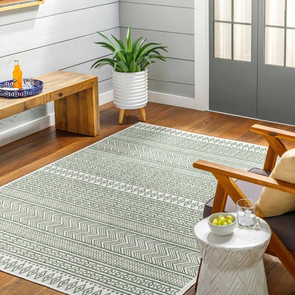 BoutiqueRugs Fenny Moroccan Geometric Zig Zag Area Rug - Southwestern Trellis Carpet for Living Room, Patio, Terrace - Outdoor Safe - Green, Olive, Sage - 7'10" Square