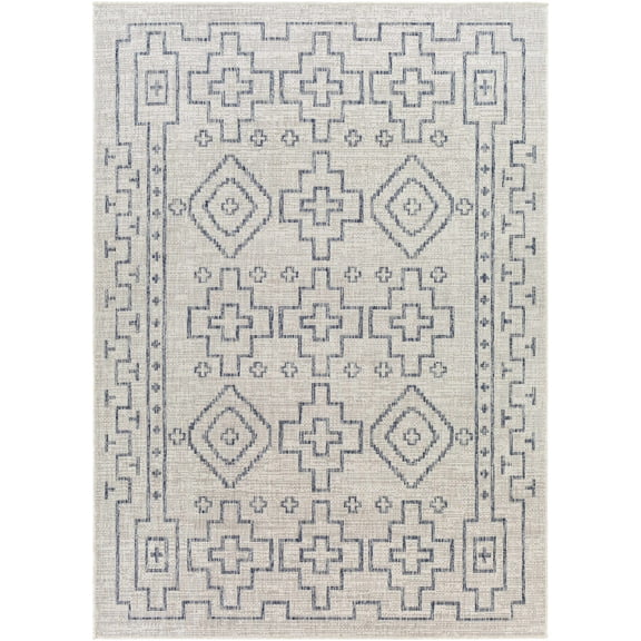 BoutiqueRugs Fernway Bohemian, Transitional Area Rug - Outdoor Safe - Tan, Pale Blue, Navy - 6'7" x 9'