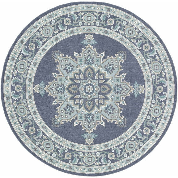 BoutiqueRugs Ferron Traditional Area Rug - Outdoor Safe - Navy, Pale Blue, Taupe - 7'3" Round