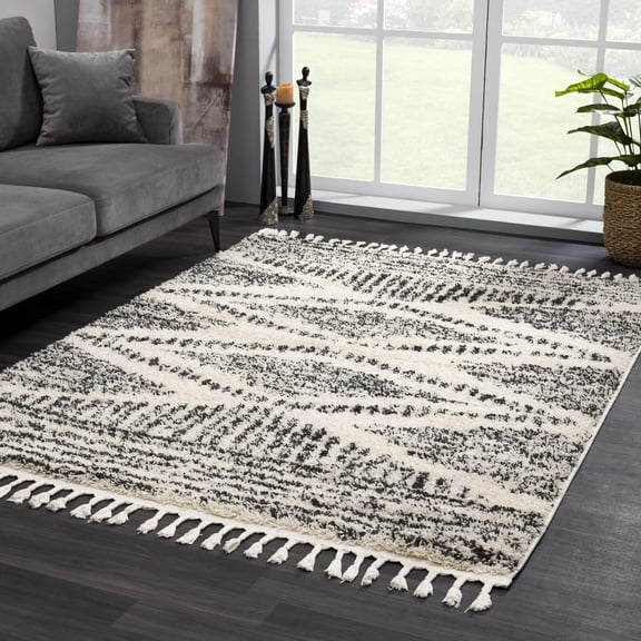 BoutiqueRugs Fishhook Boho Moroccan Geometric Shag Runner Rug - High Pile Super Soft Carpet with Tassels for Hallway - Charcoal, Gray, Cream - 2'7" x 7'3" (2x8)