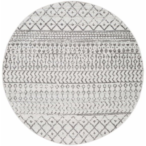 BoutiqueRugs Genji Farmhouse Moroccan Geometric Area Rug - Boho Aztec Tribal Carpet for Living Room - Light Gray, Dark Gray, Neutral - 5'3" Round