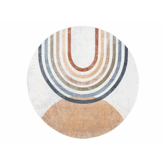 BoutiqueRugs Giza Rainbow Kids Rug for Kids, Toddler Room, Nursery, Playroom, Classroom - Machine Washable - Blue, Olive, Orange - 6'7" Round