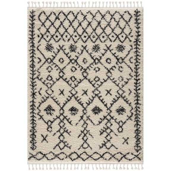 BoutiqueRugs Godalming Beige Moroccan Shag with Tassel Area Rug - Charcoal, Beige - 3' x 5'