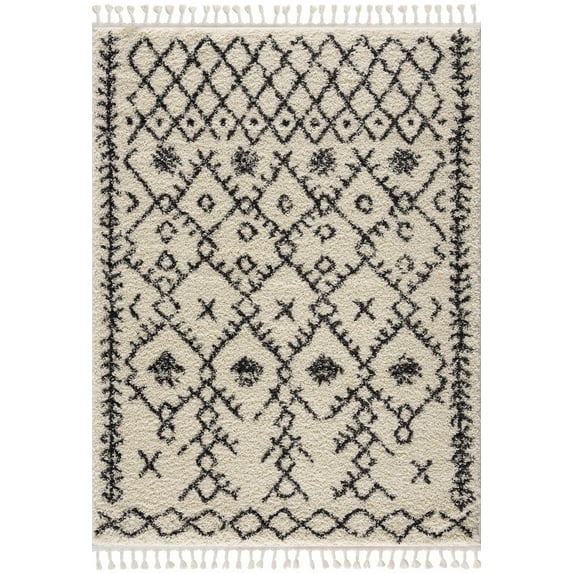BoutiqueRugs Godalming Boho Moroccan Geometric Shag with Tassels for Living Room, Bedroom - Charcoal, Cream - 6'7" x 9' (6x9)