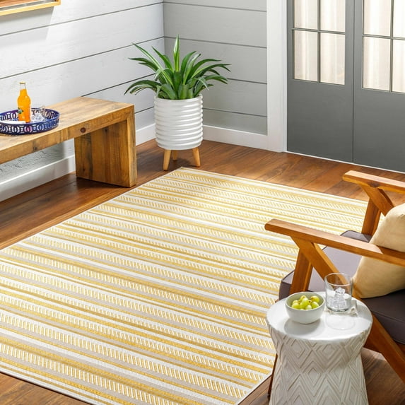 Boutique Rugs Grian Contemporary Geometric Area Rug - Modern Minimalist Striped Carpet for Living Room, Patio, Terrace - Outdoor Safe - Yellow, Mustard, Cream - 6'7" Square