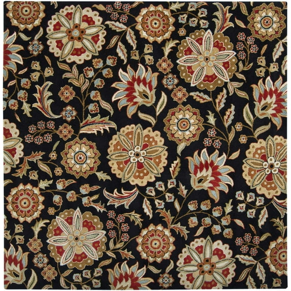 BoutiqueRugs Heaters Boho Hand Tufted Wool Natural Fiber Soft Area Rug - Traditional Floral Carpet for Living Room, Bedroom, Dining Room - Black, Beige, Sage - 6' Square Rug