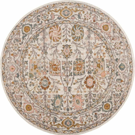 BoutiqueRugs Herstmonceux Boho Vintage Colorful Area Rug - Farmhouse Traditional Floral Rug for Living Room, Bedroom - Cream, Green, Sage, Red, Gray, Taupe, Dusty Pink - 7'10" Round