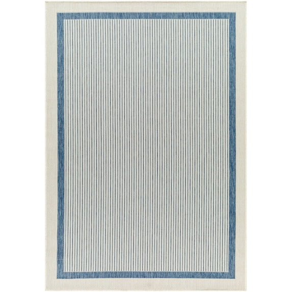BoutiqueRugs Hevel Bordered with Blue Stripes Area Rug - Outdoor Safe - Rose Cream, Charcoal, Silver Blue - 18" x 18" Sample