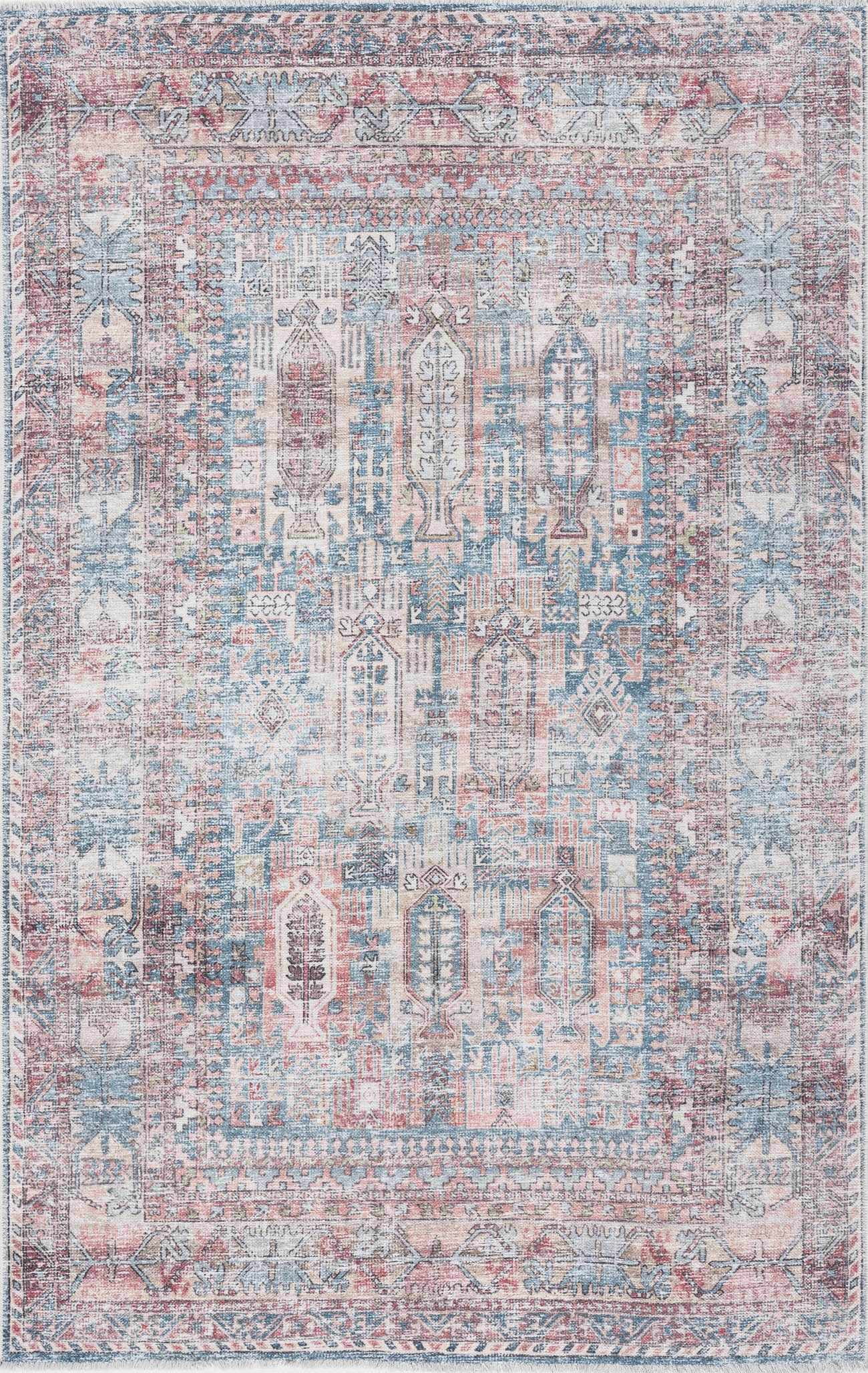 BoutiqueRugs Holli Oriental Medallion Area Rug - Vintage Traditional Floral Carpet for Living Room - Machine Washable - Burgundy, Peach, Blue- 2' x 3'