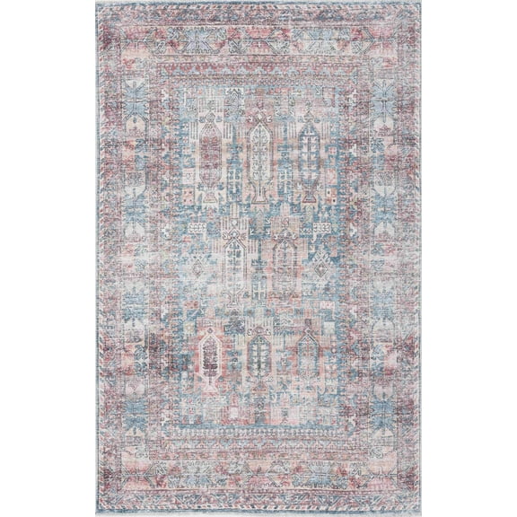 BoutiqueRugs Holli Oriental Medallion Area Rug - Vintage Traditional Floral Carpet for Living Room - Machine Washable - Burgundy, Peach, Blue- 2' x 3'