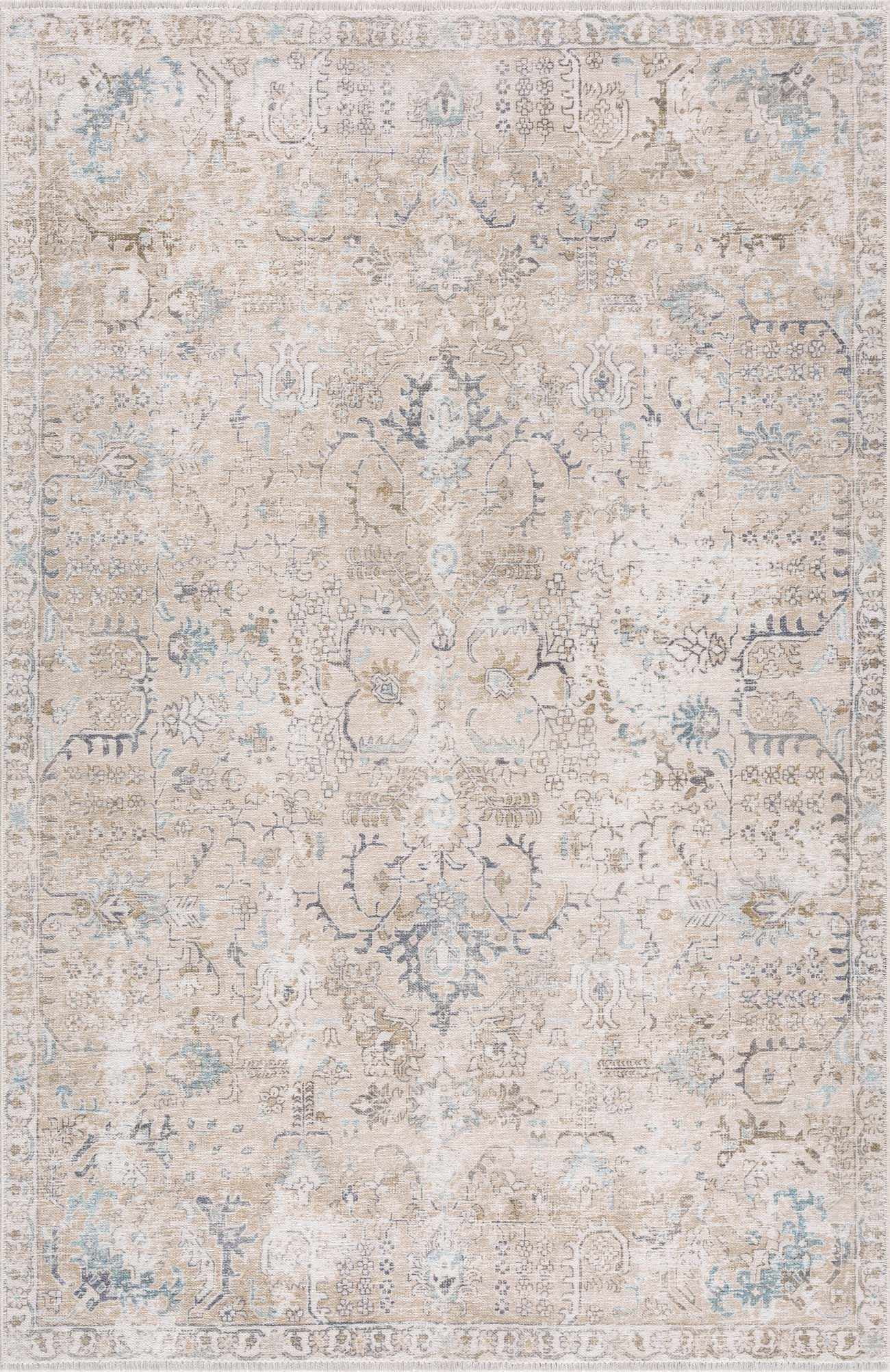 BoutiqueRugs Holi Oriental Medallion Area Rug - Vintage Traditional Floral Carpet for Living Room - Machine Washable - Cream, Brown, Peach - 5' x 7'6" (5x7)