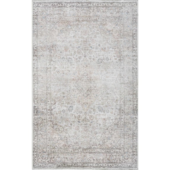 BoutiqueRugs Holli Oriental Medallion Area Rug - Vintage Traditional Floral Carpet for Living Room - Machine Washable - Light Brown, Pale Blue, Cream - 4' x 6'