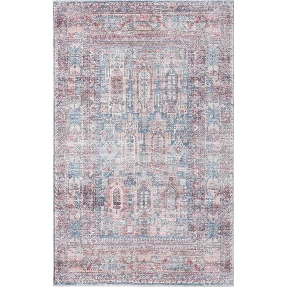 BoutiqueRugs Holli Oriental Medallion Large Area Rug - Vintage Traditional Floral Carpet for Living Room, Bedroom - Machine Washable - Burgundy, Peach, Blue- 7'10" x 10'3" (8x10)