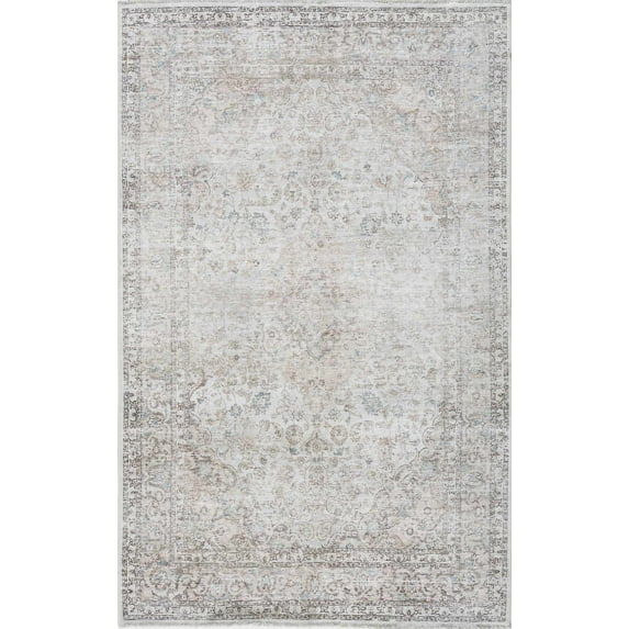 BoutiqueRugs Holli Oriental Medallion Oversized Area Rug - Vintage Traditional Floral Carpet for Living Room - Machine Washable - Light Brown, Pale Blue, Cream - 9'8" x 14'