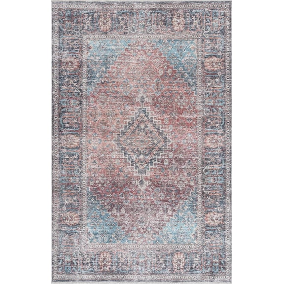 BoutiqueRugs Holli Washable Vintage Area Rug - Machine Washable - Light Blue, Green, Orange - 2' x 3'